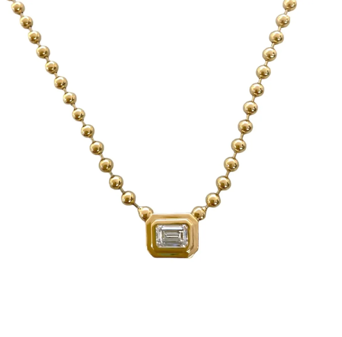 Emerald Cut Diamond On Gold Ball Chain