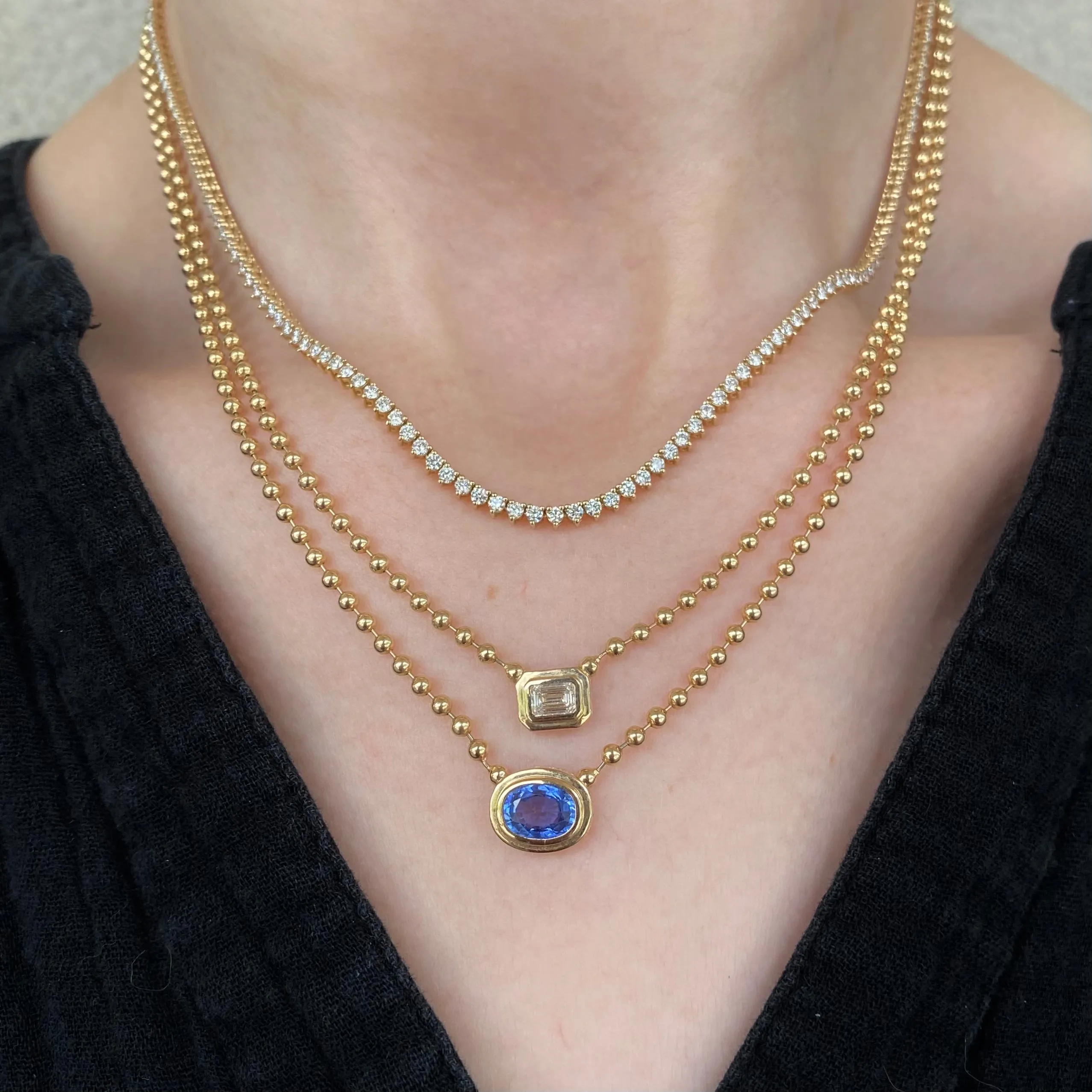 Emerald Cut Diamond On Gold Ball Chain