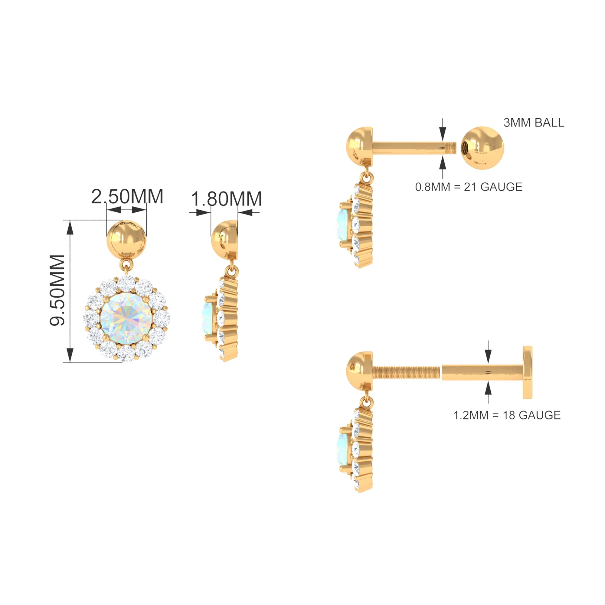 Ethiopian Opal and Moissanite Halo Cartilage Drop Earring