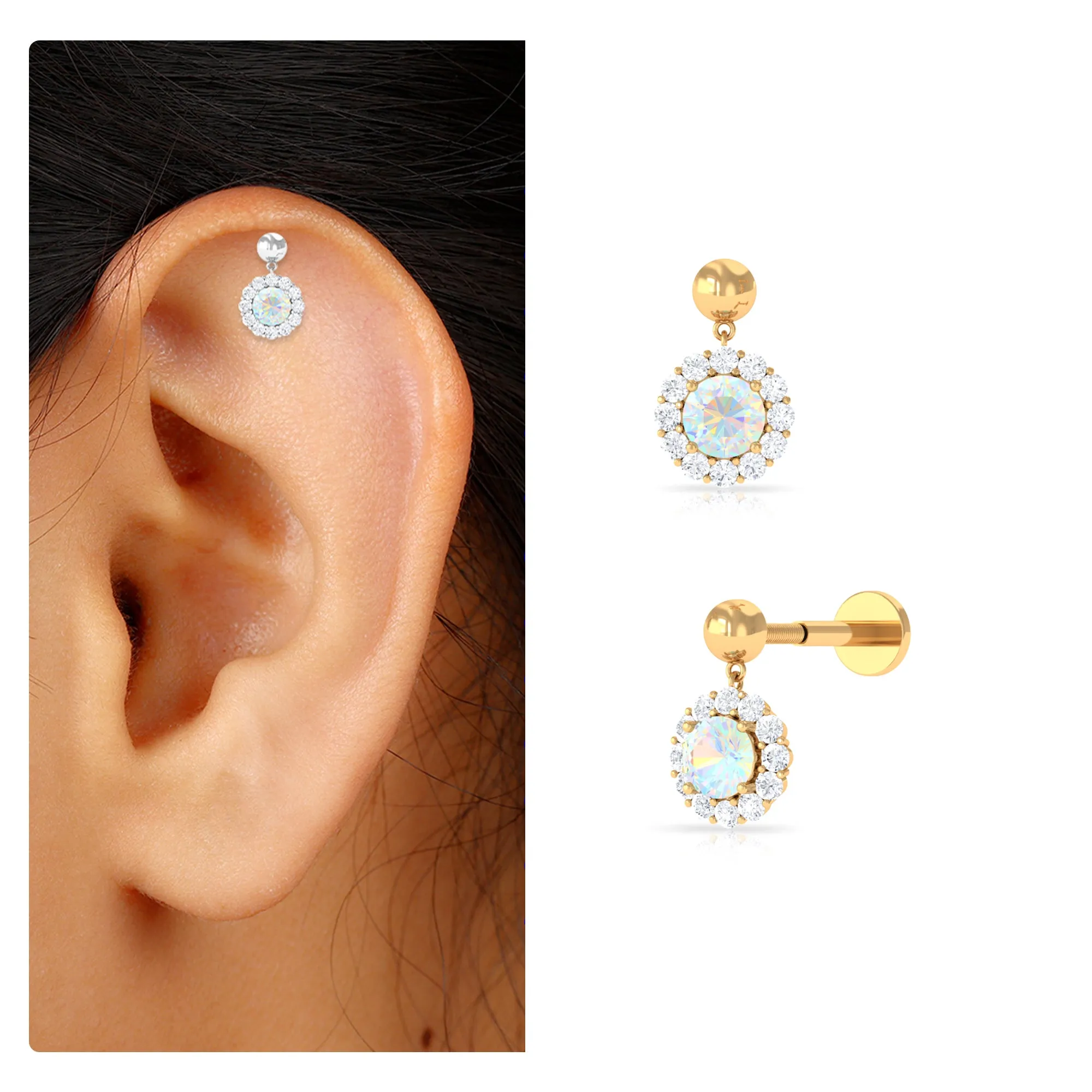 Ethiopian Opal and Moissanite Halo Cartilage Drop Earring