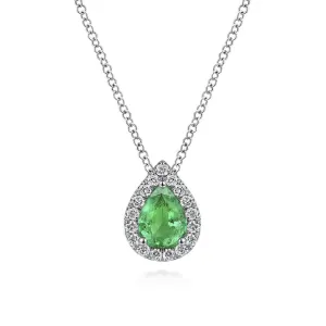 Gabriel & Co 18 inch 14K White Gold Pear Shaped Emerald and Diamond Halo Pendant Necklace