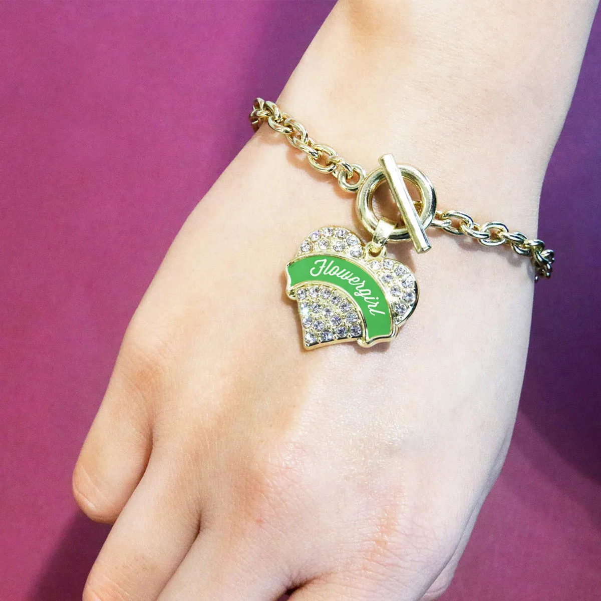 Gold Emerald Green Flower Girl Pave Heart Charm Toggle Bracelet