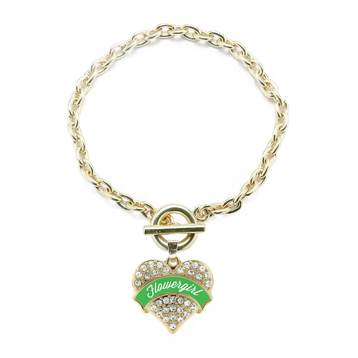 Gold Emerald Green Flower Girl Pave Heart Charm Toggle Bracelet