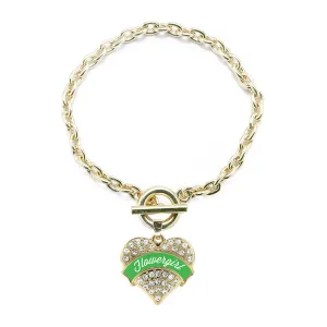 Gold Emerald Green Flower Girl Pave Heart Charm Toggle Bracelet