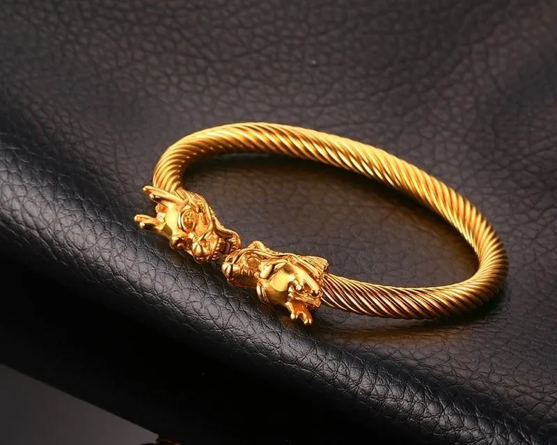 Golden Siamese Dragons Twisted Chain Bangle