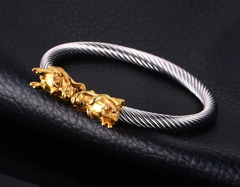 Golden Siamese Dragons Twisted Chain Bangle