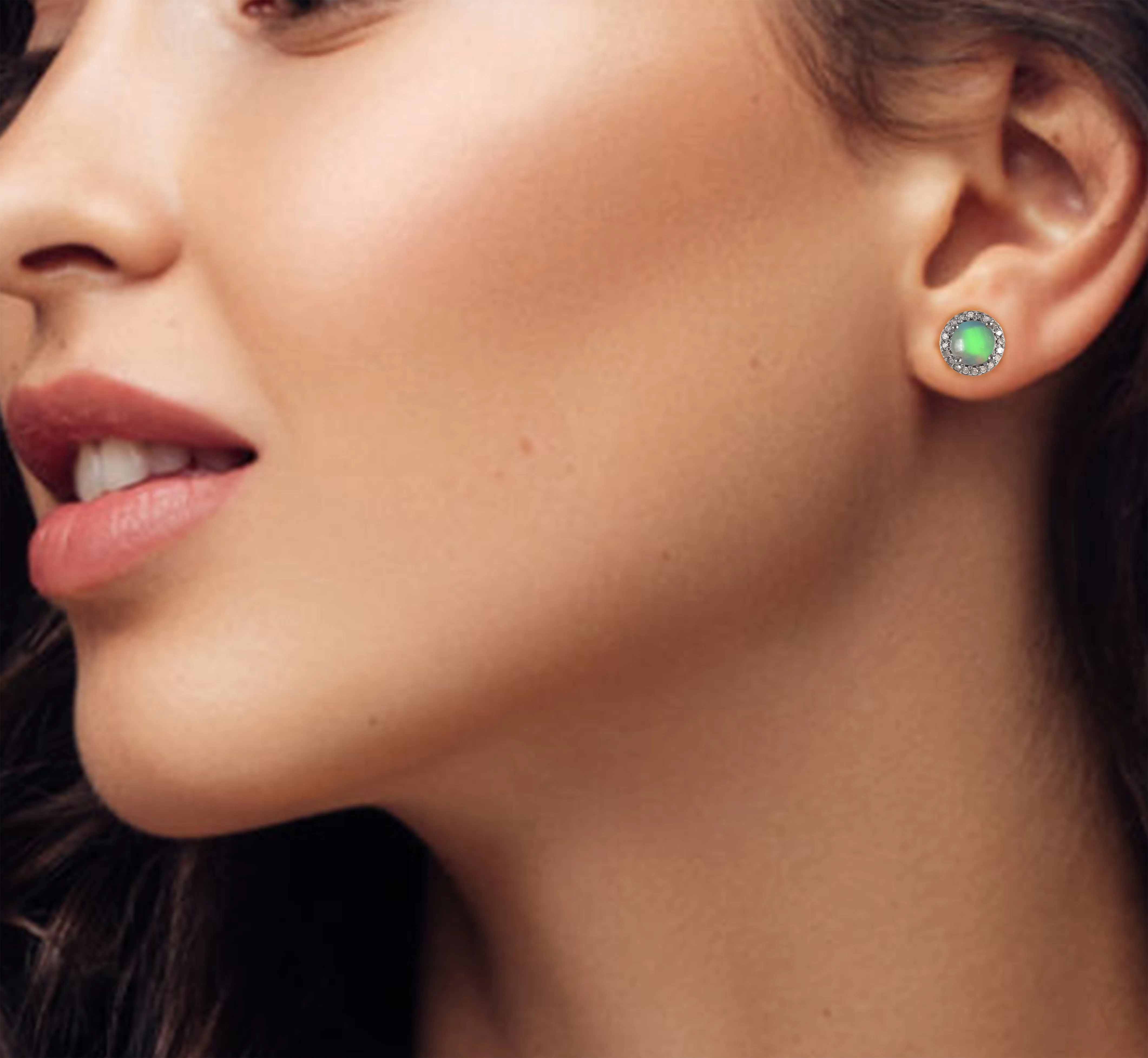 Green Blush Opal Halo Diamond Earrings