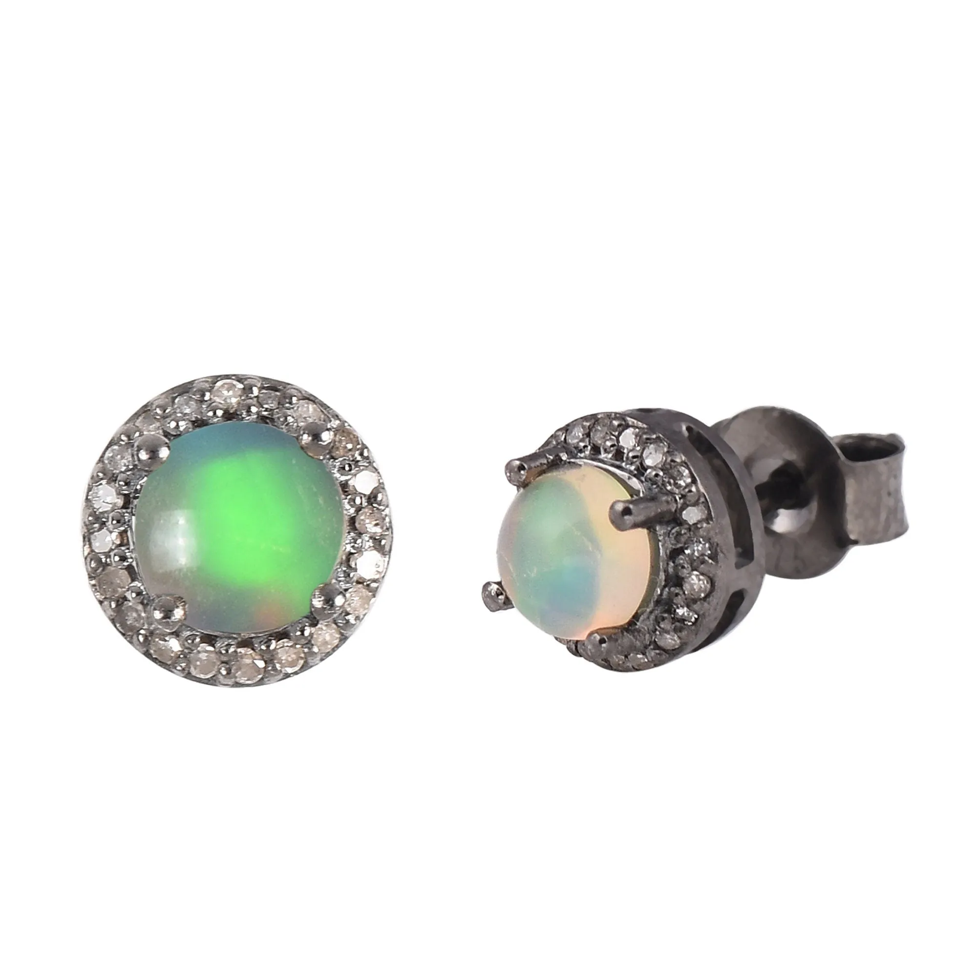 Green Blush Opal Halo Diamond Earrings