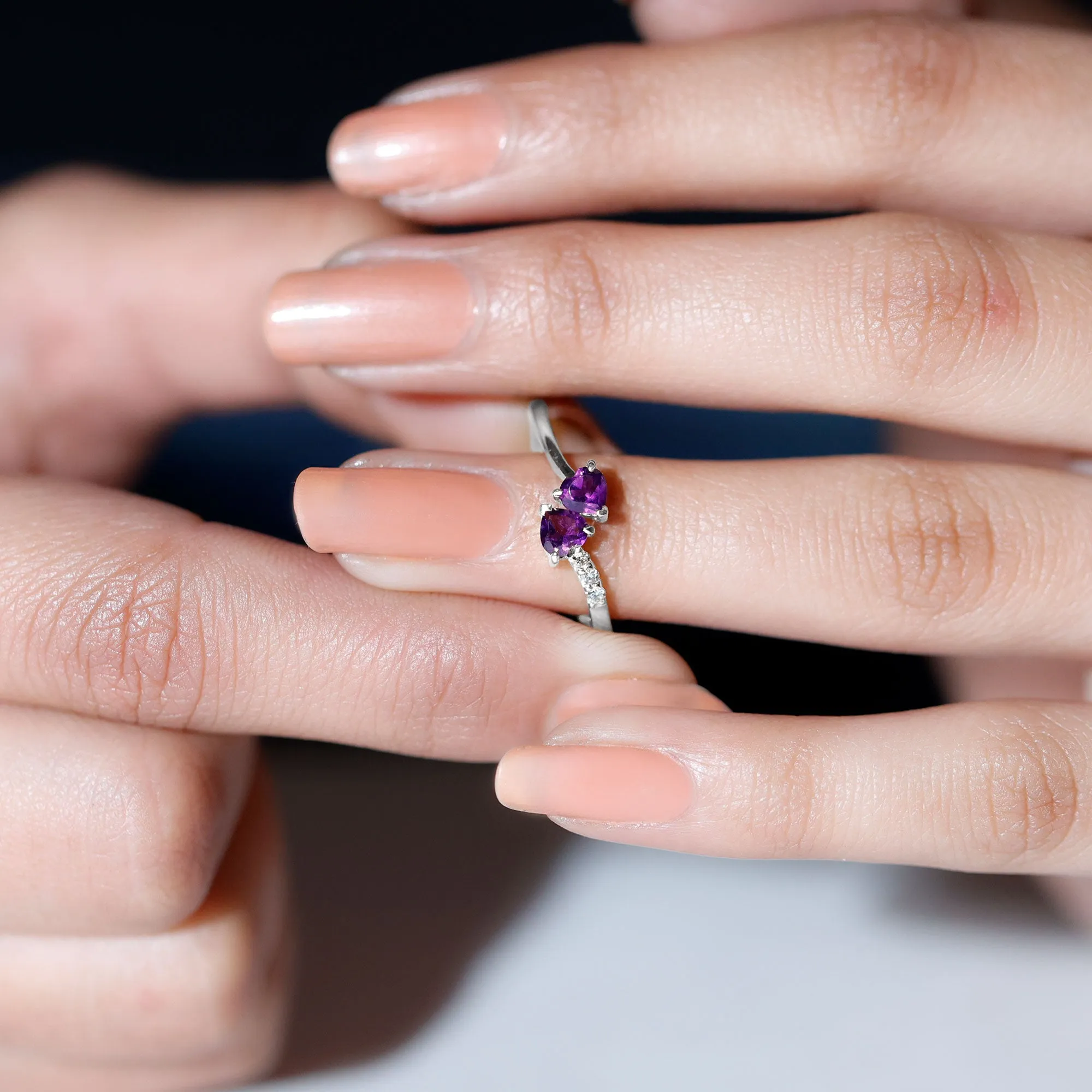 Heart Shape Amethyst and Diamond Two Stone Wrap Ring