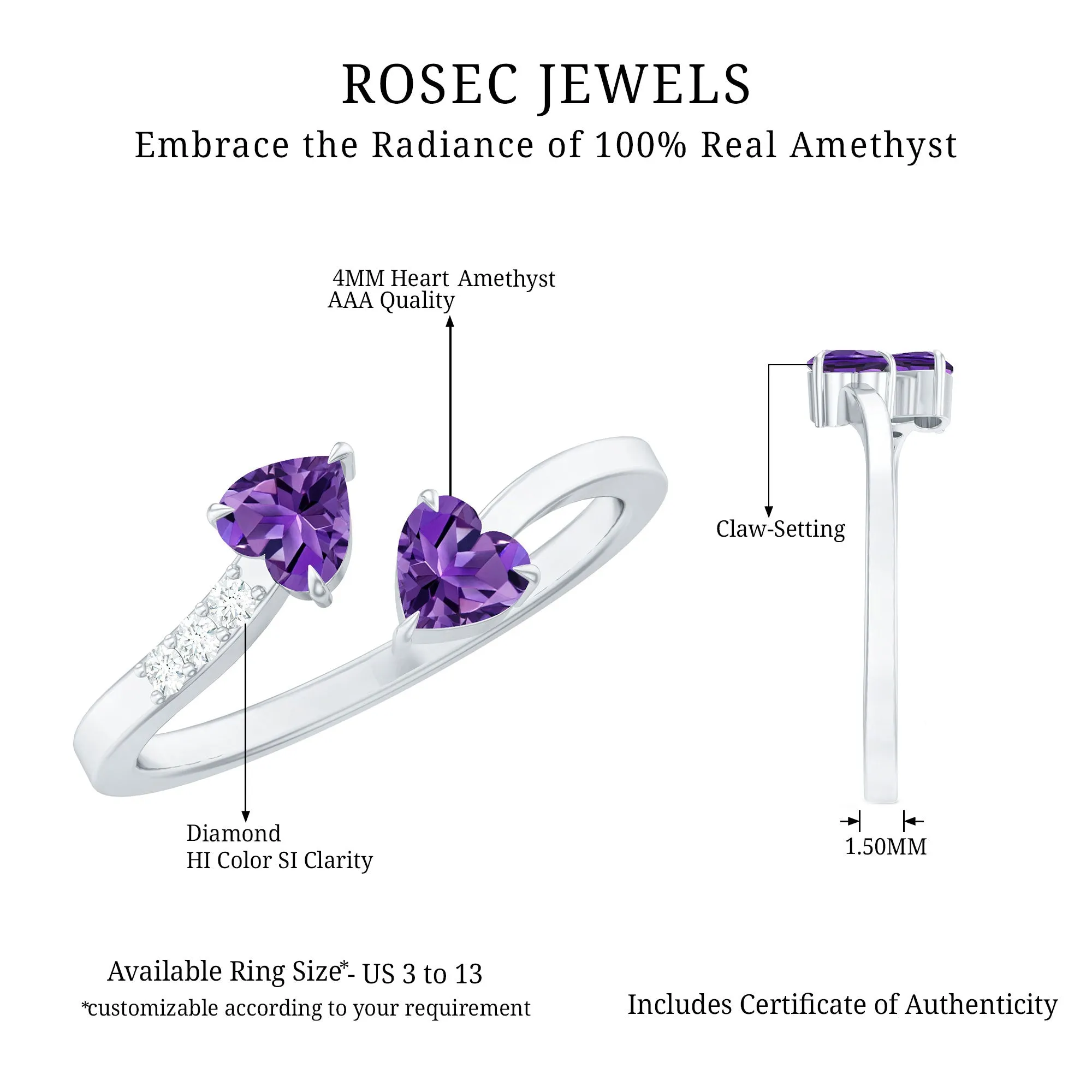 Heart Shape Amethyst and Diamond Two Stone Wrap Ring