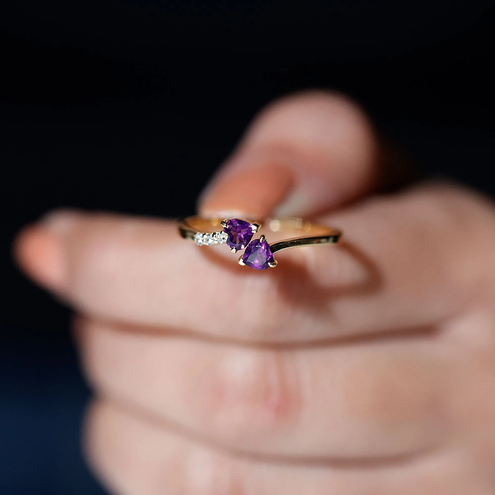 Heart Shape Amethyst and Diamond Two Stone Wrap Ring