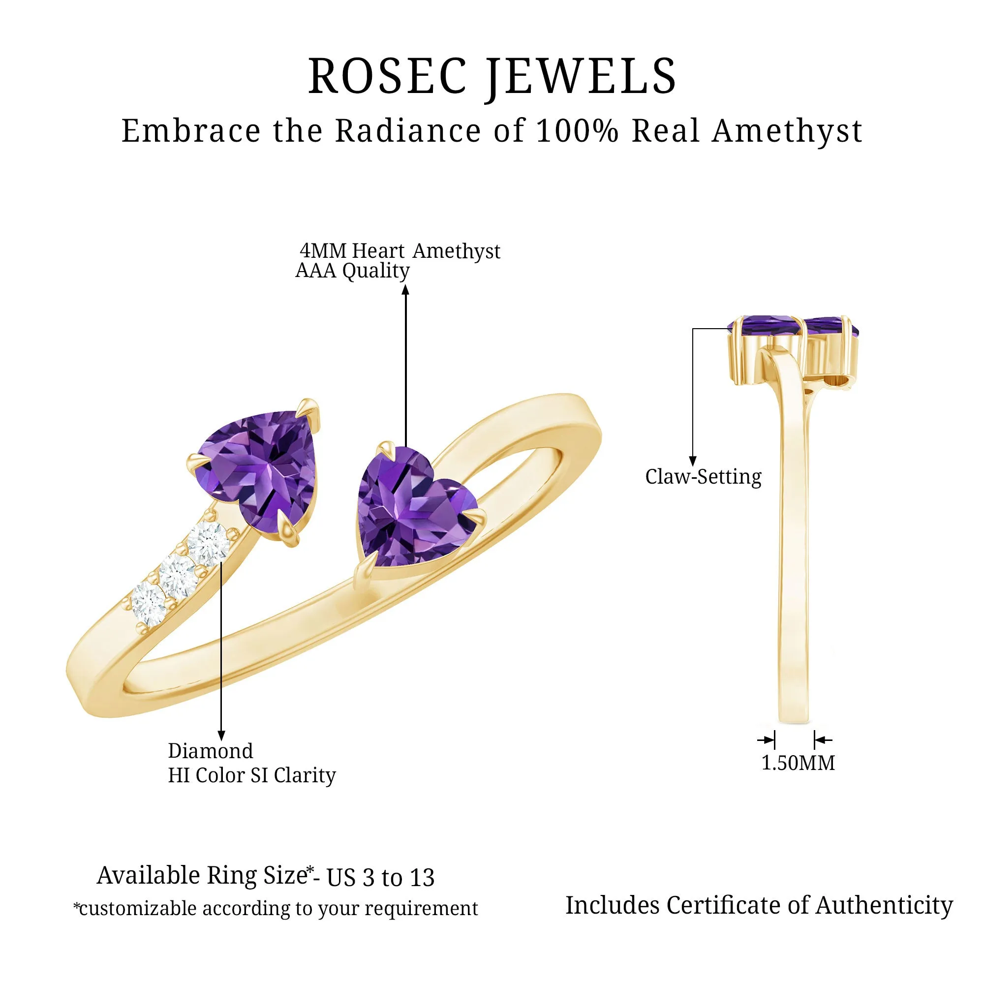 Heart Shape Amethyst and Diamond Two Stone Wrap Ring