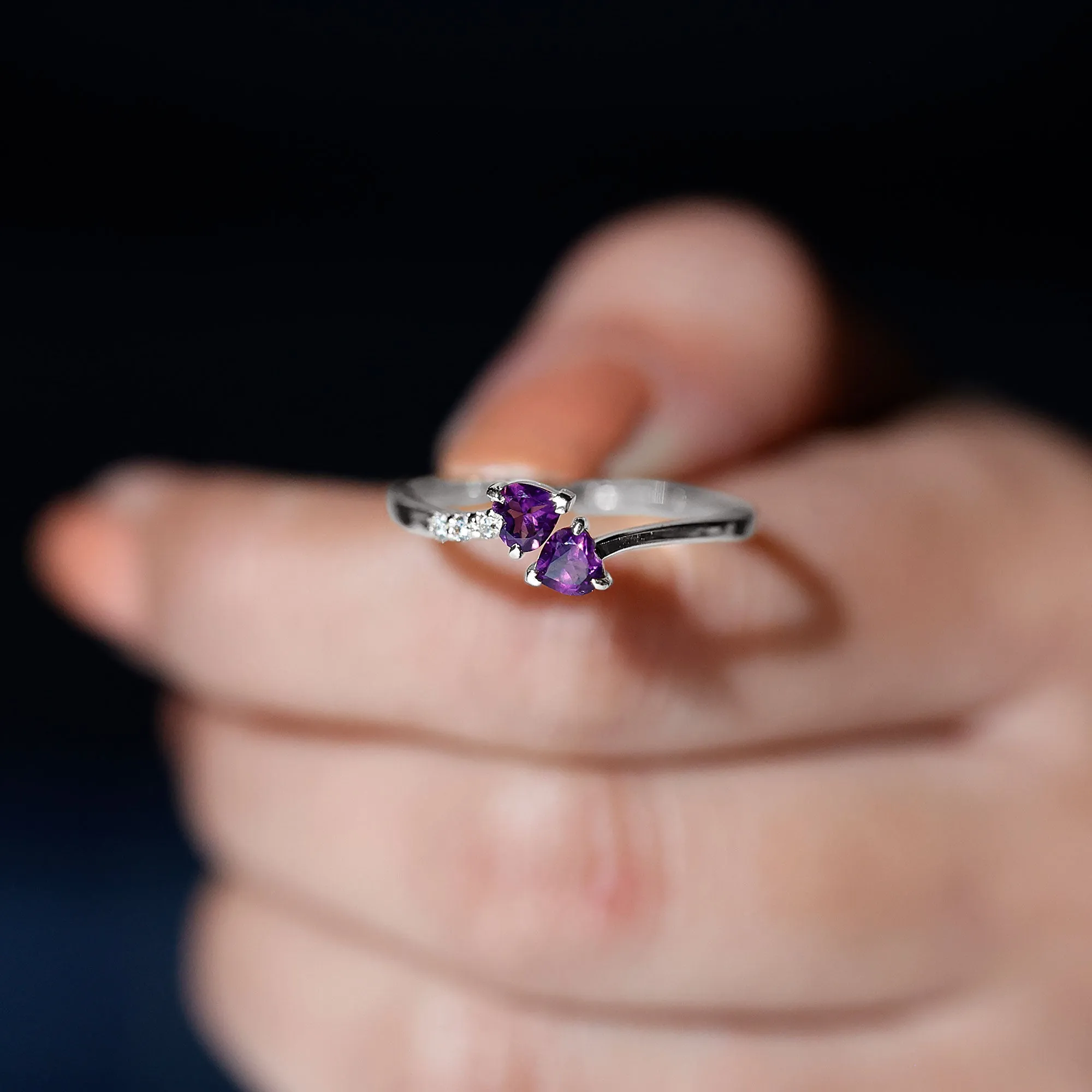 Heart Shape Amethyst and Diamond Two Stone Wrap Ring