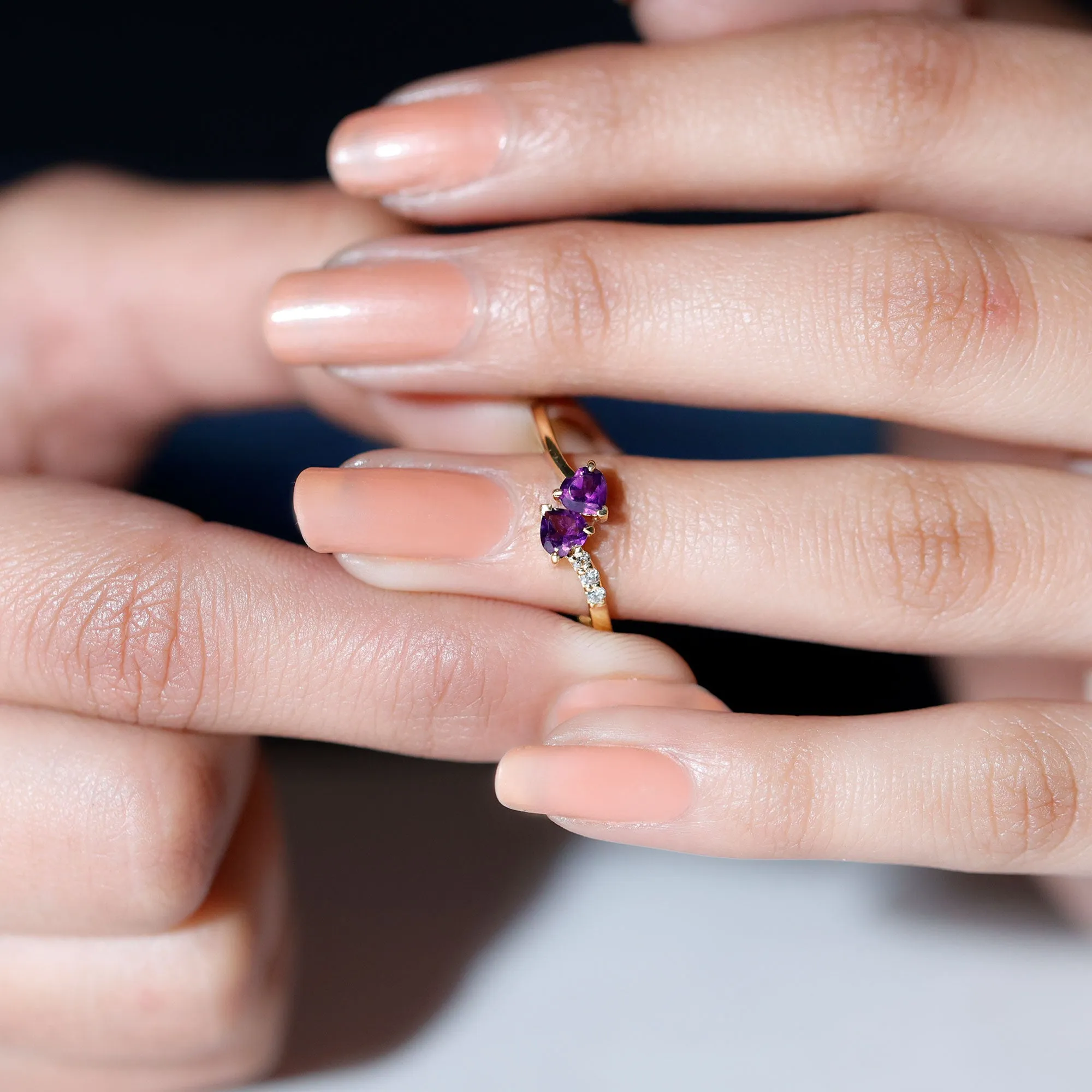 Heart Shape Amethyst and Diamond Two Stone Wrap Ring