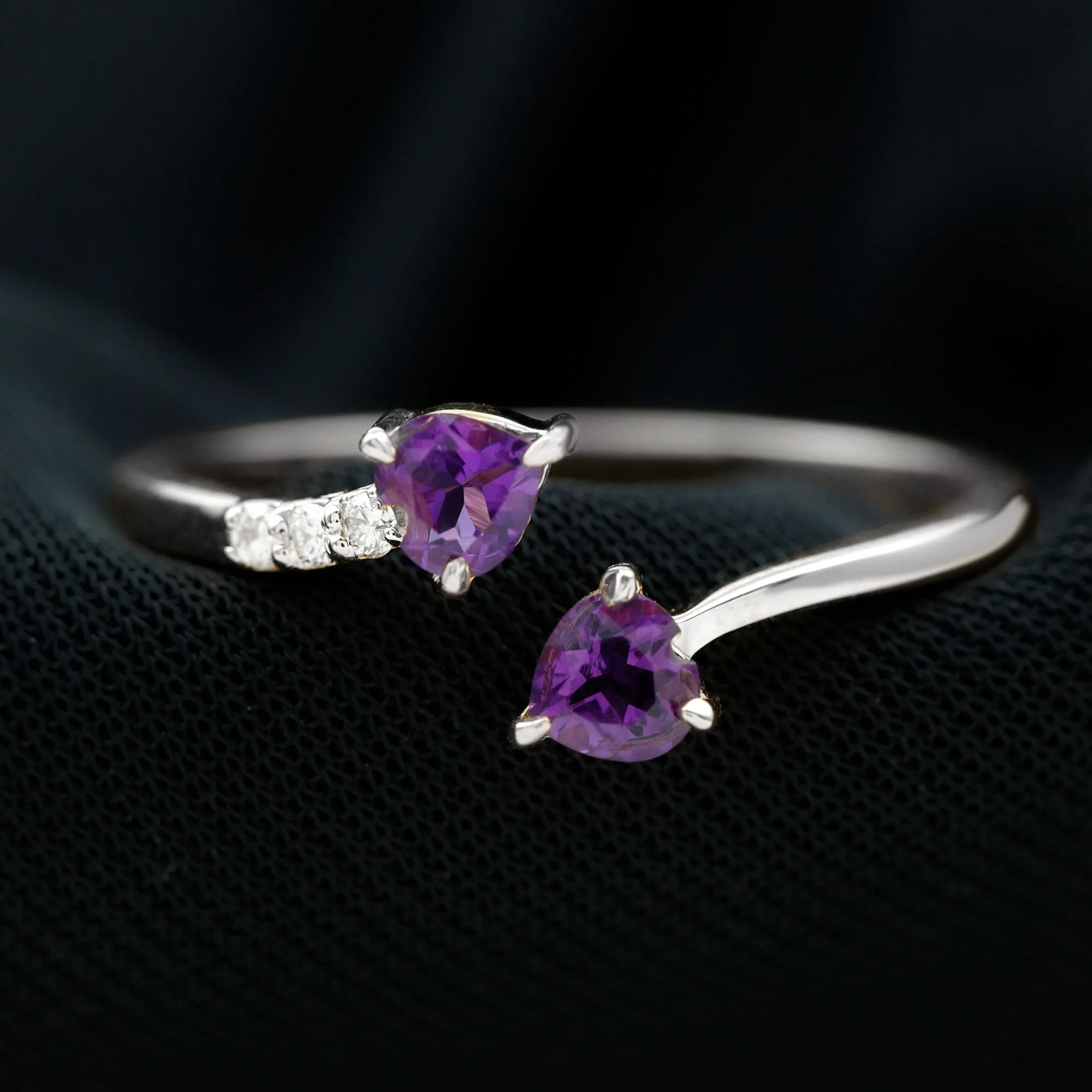Heart Shape Amethyst and Diamond Two Stone Wrap Ring