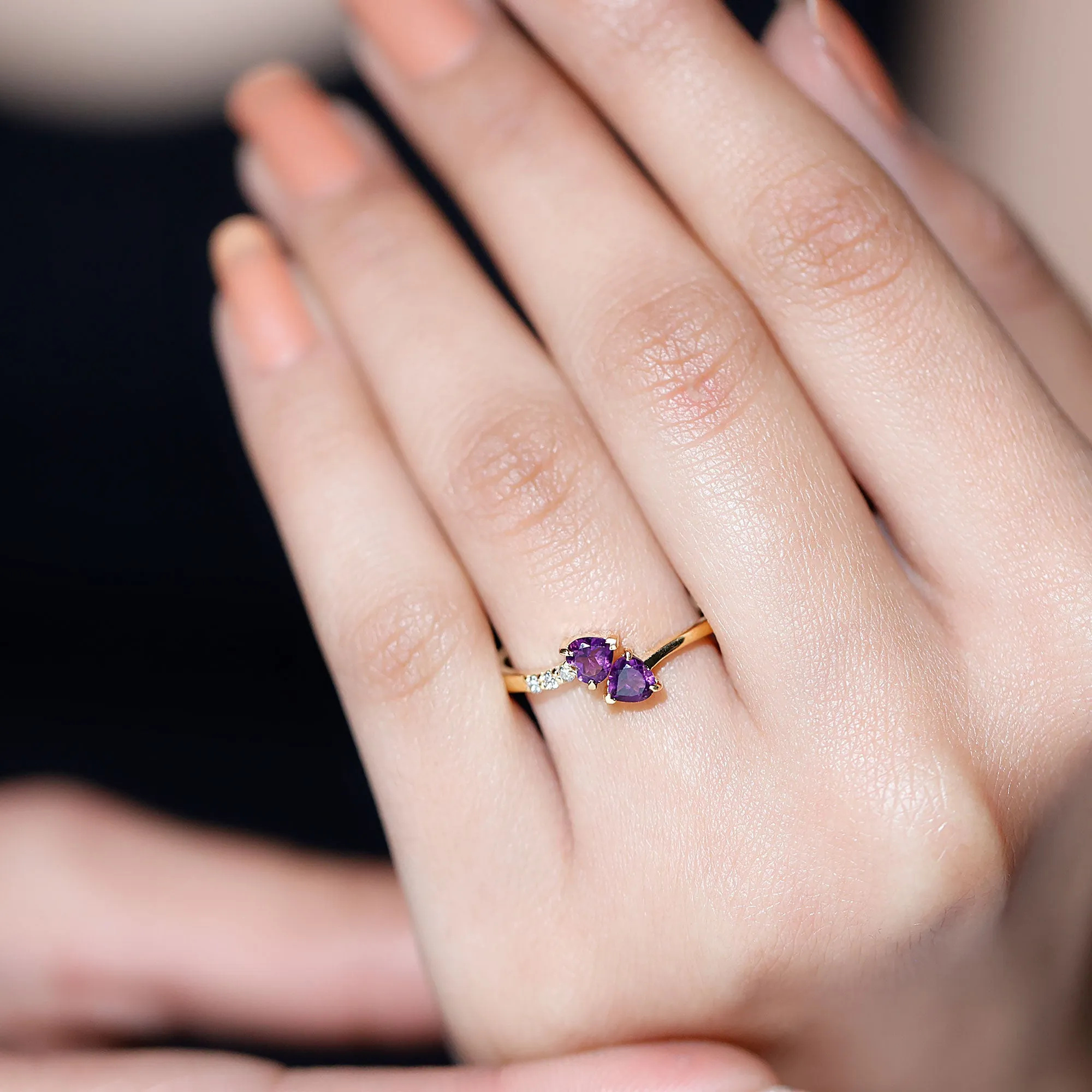 Heart Shape Amethyst and Diamond Two Stone Wrap Ring