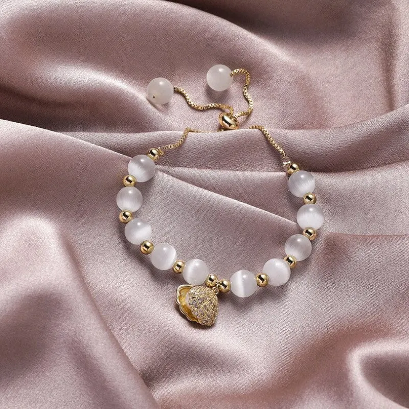 High Fashion Opal Beads Bracelet with Zircon Adorned Pearl Seashell Charm