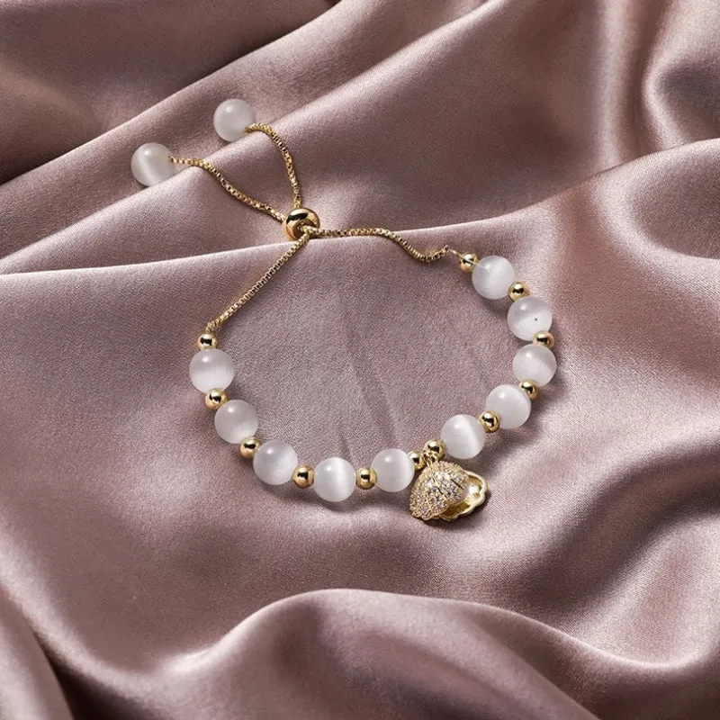 High Fashion Opal Beads Bracelet with Zircon Adorned Pearl Seashell Charm