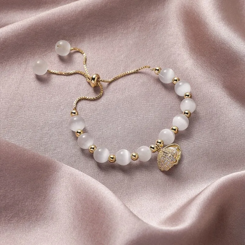 High Fashion Opal Beads Bracelet with Zircon Adorned Pearl Seashell Charm