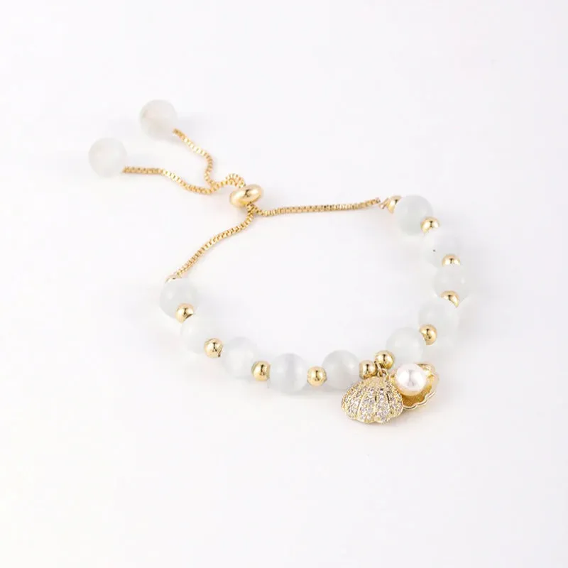 High Fashion Opal Beads Bracelet with Zircon Adorned Pearl Seashell Charm