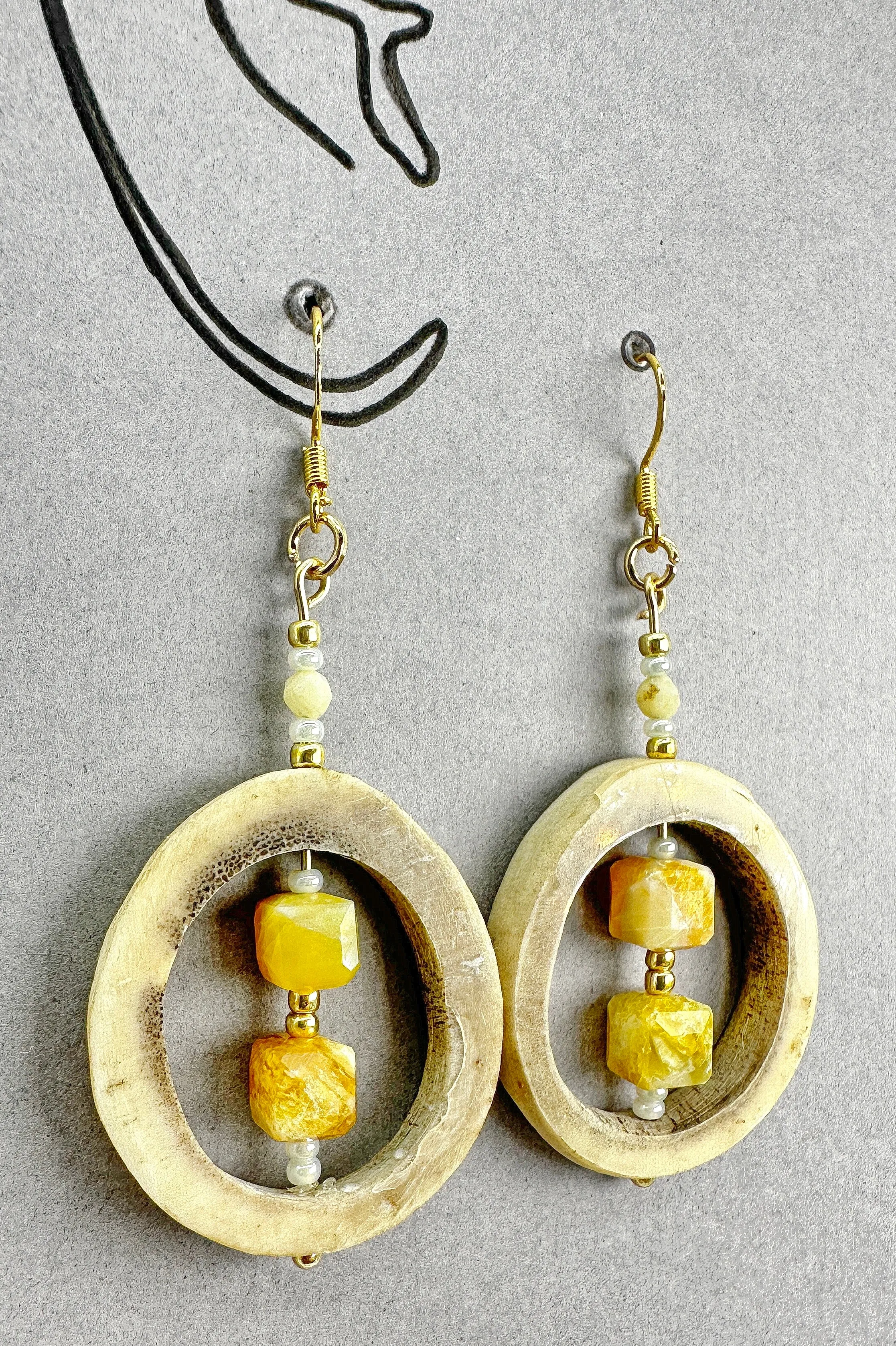 Indigenous Handcrafted Earrings - Caribou Antler w/ Honey Opals