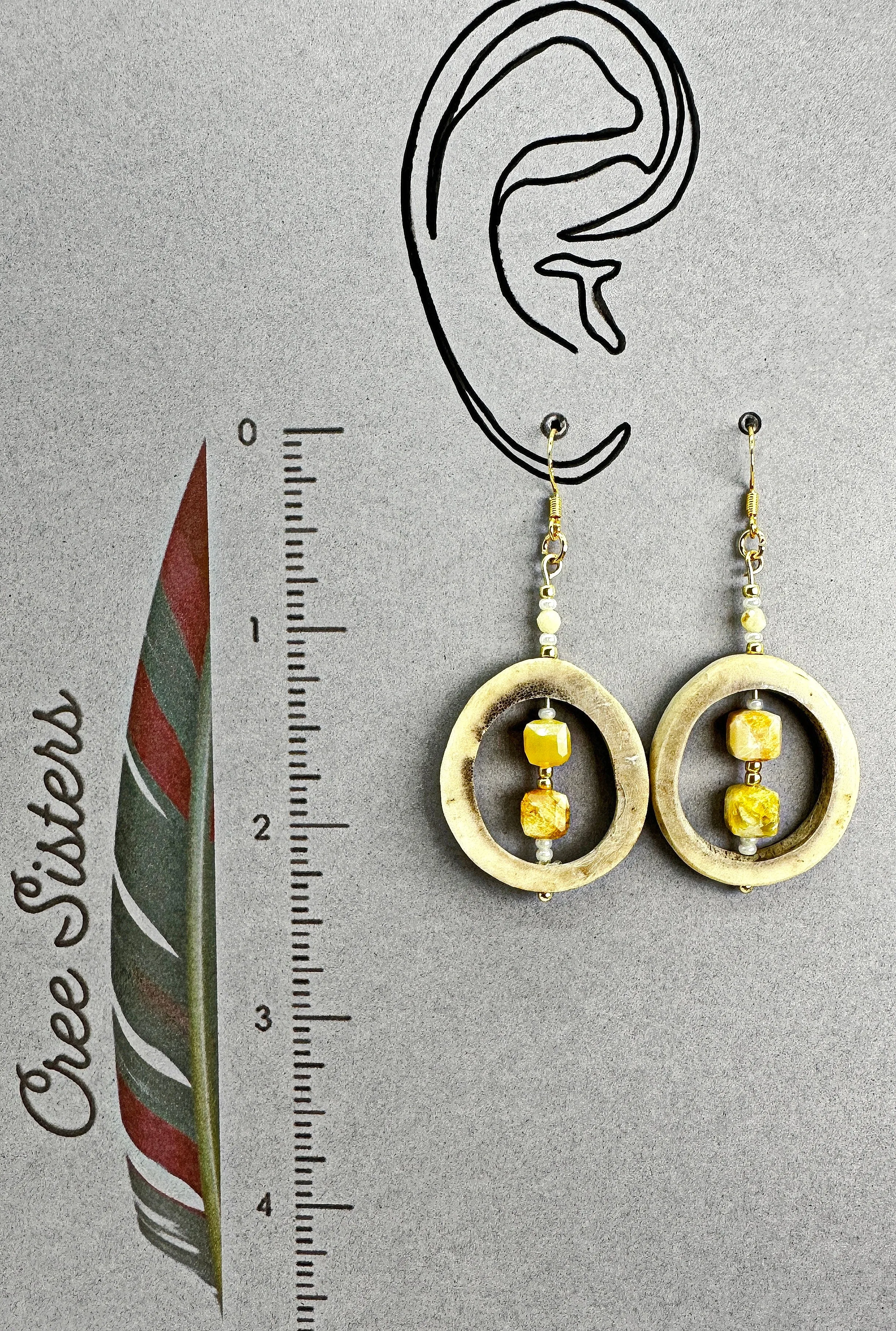 Indigenous Handcrafted Earrings - Caribou Antler w/ Honey Opals