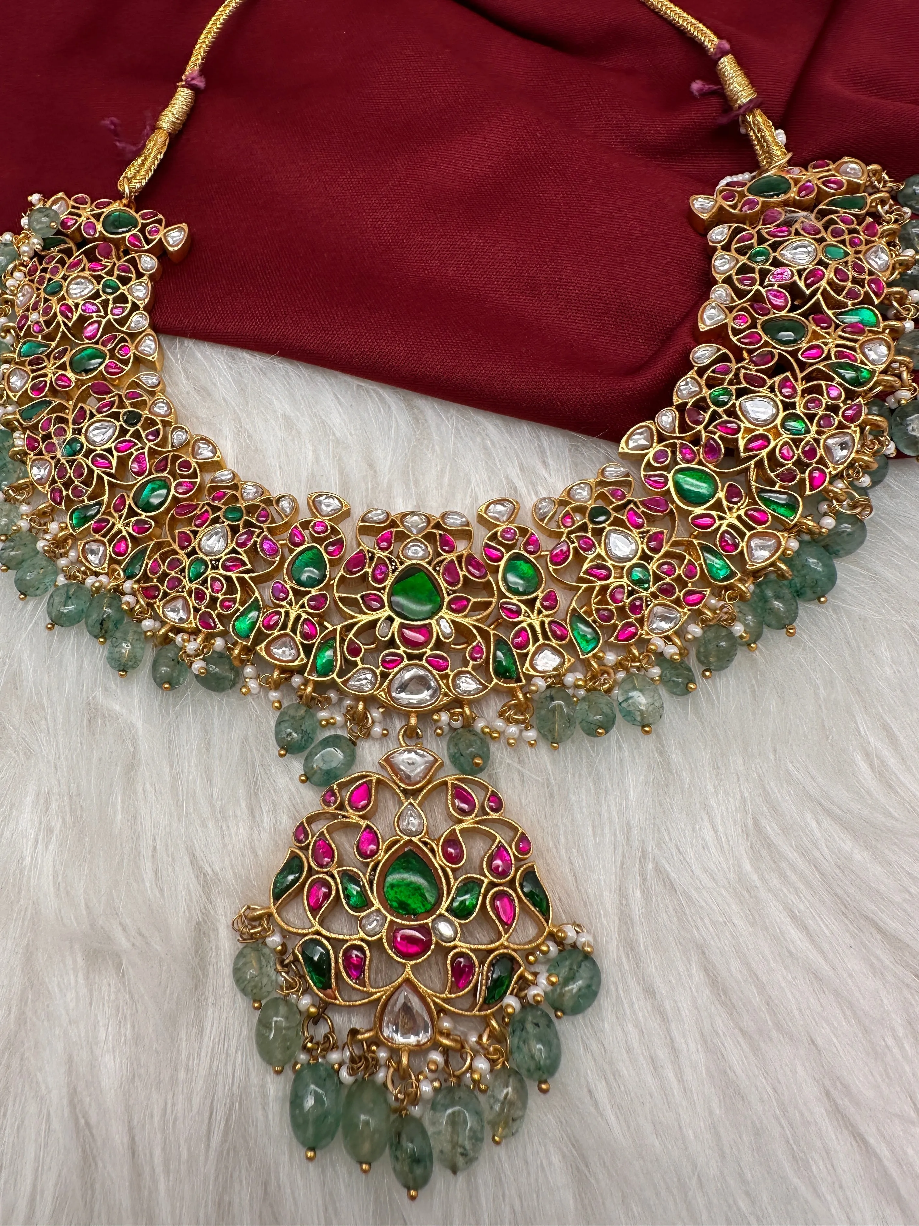 Jadau Kundan Neckline Necklace with Emerald Beads