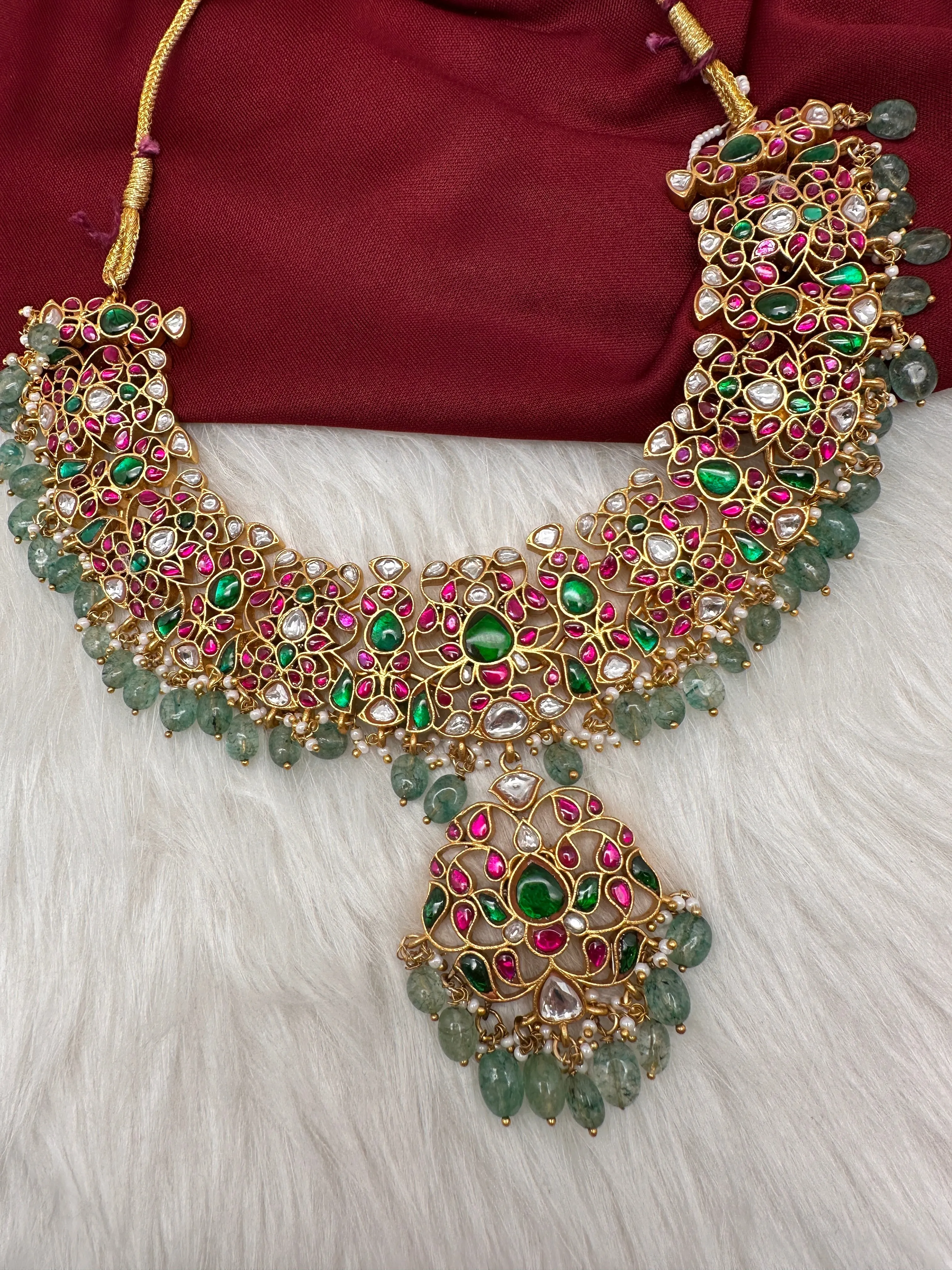 Jadau Kundan Neckline Necklace with Emerald Beads