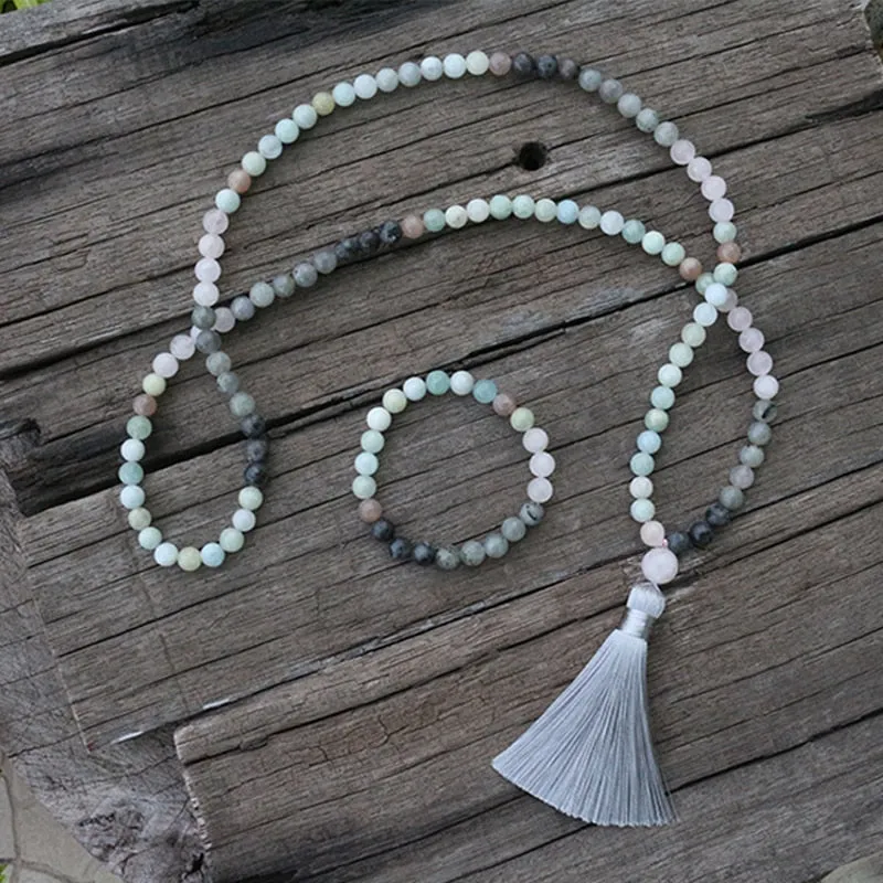 Labradorite Aquamarine Rose Quartz Yoga /Meditation Mala Beads