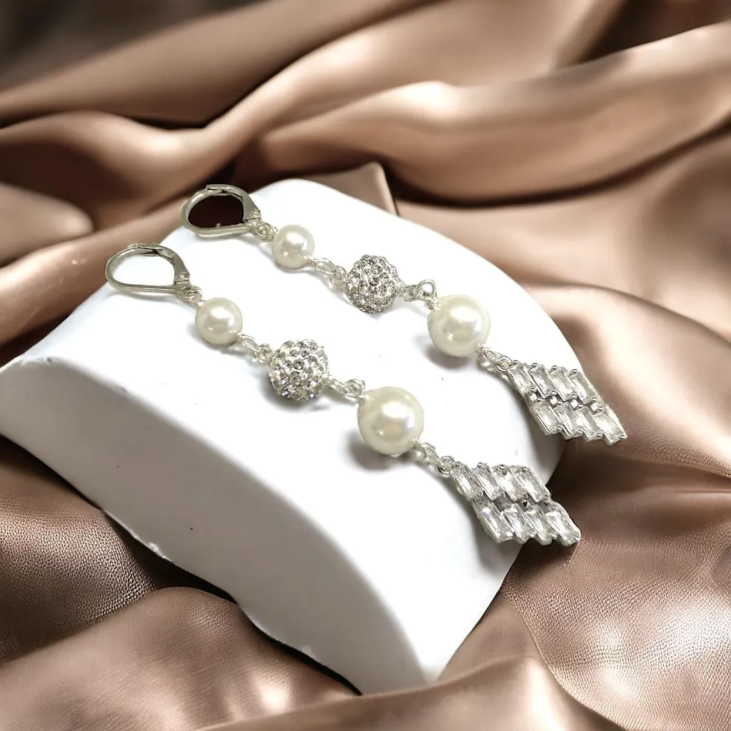 Long Crystal and White Pearl Earrings