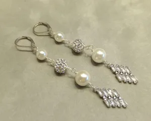 Long Crystal and White Pearl Earrings