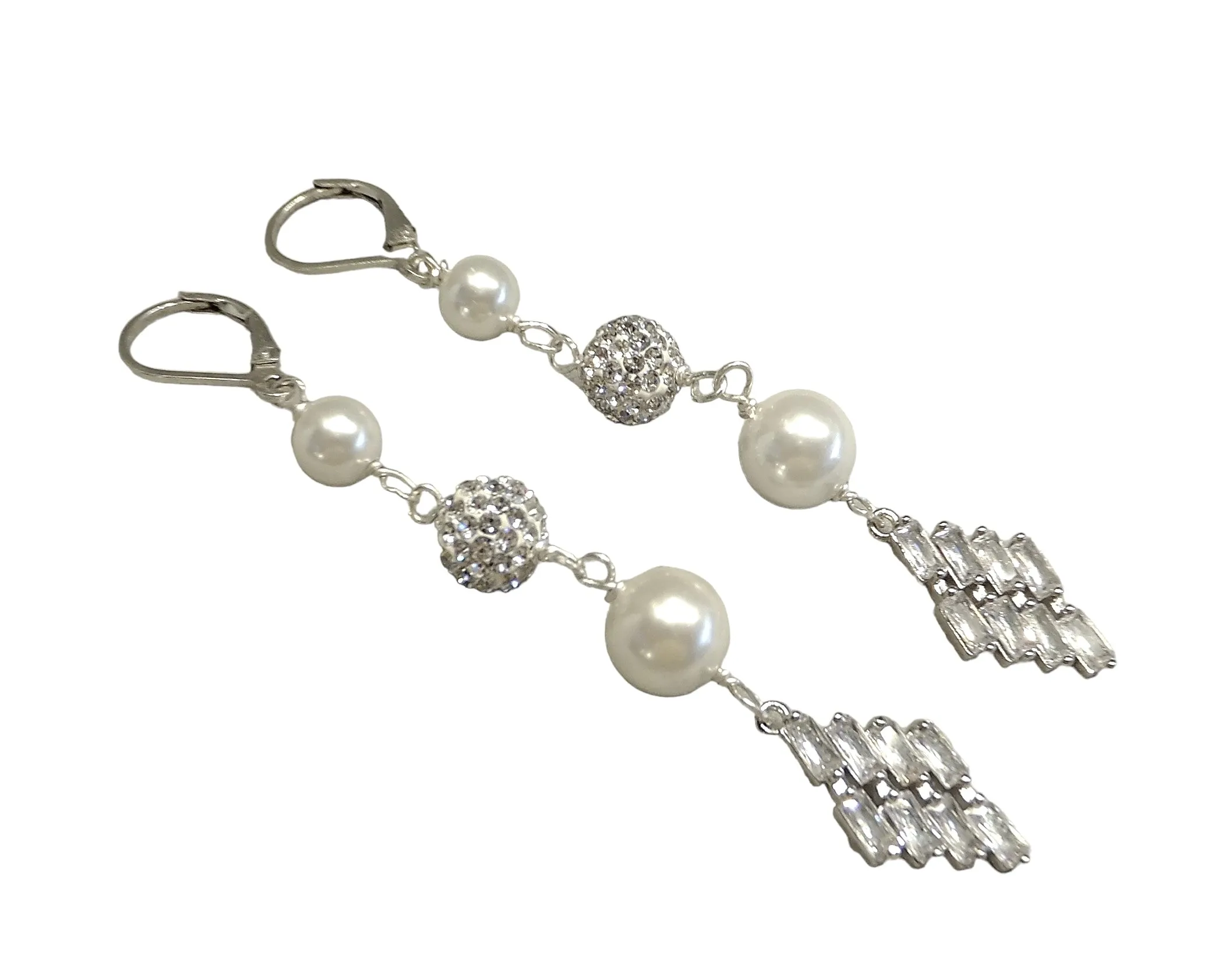 Long Crystal and White Pearl Earrings