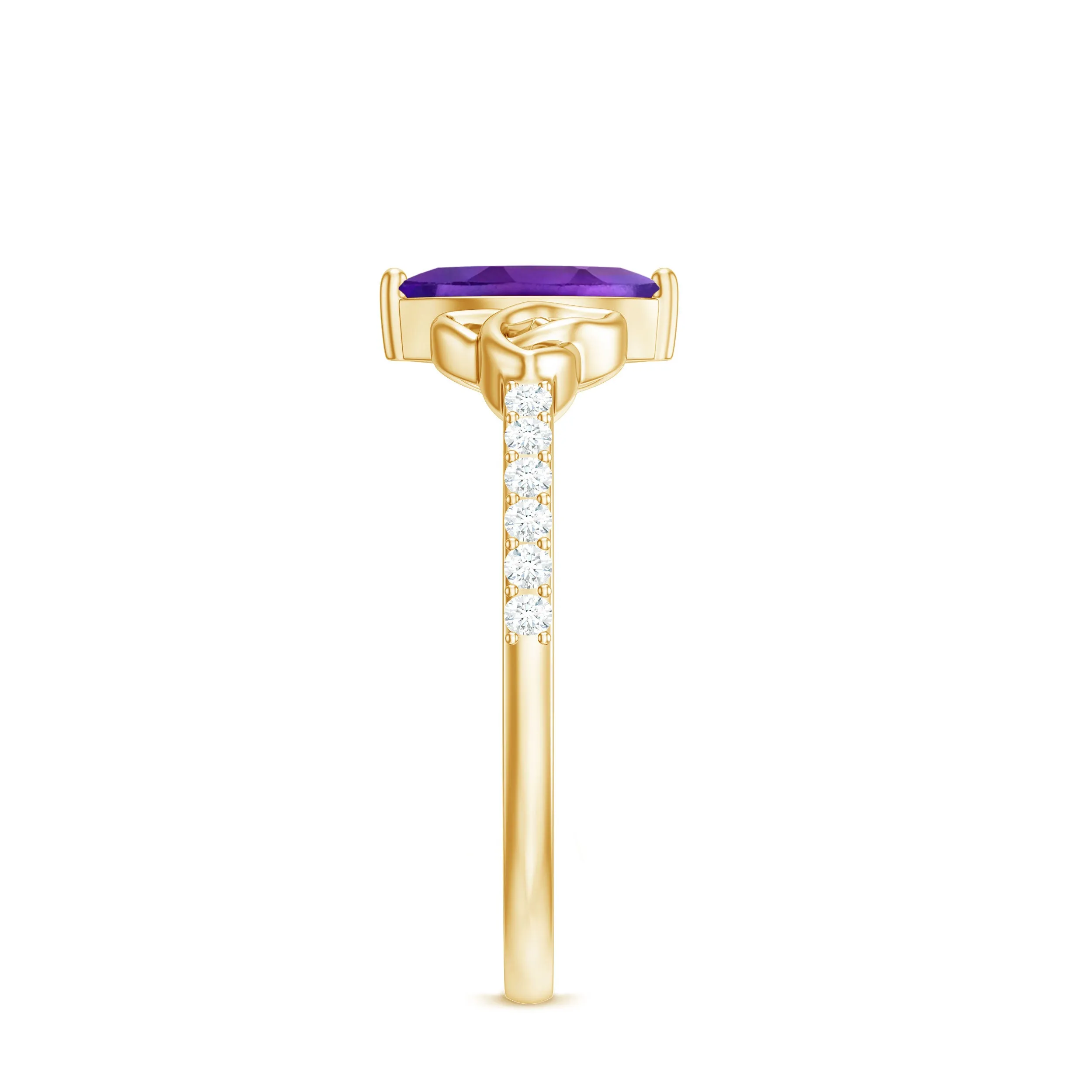Marquise Cut Amethyst Solitaire Celtic Knot Ring with Diamond Side Stones