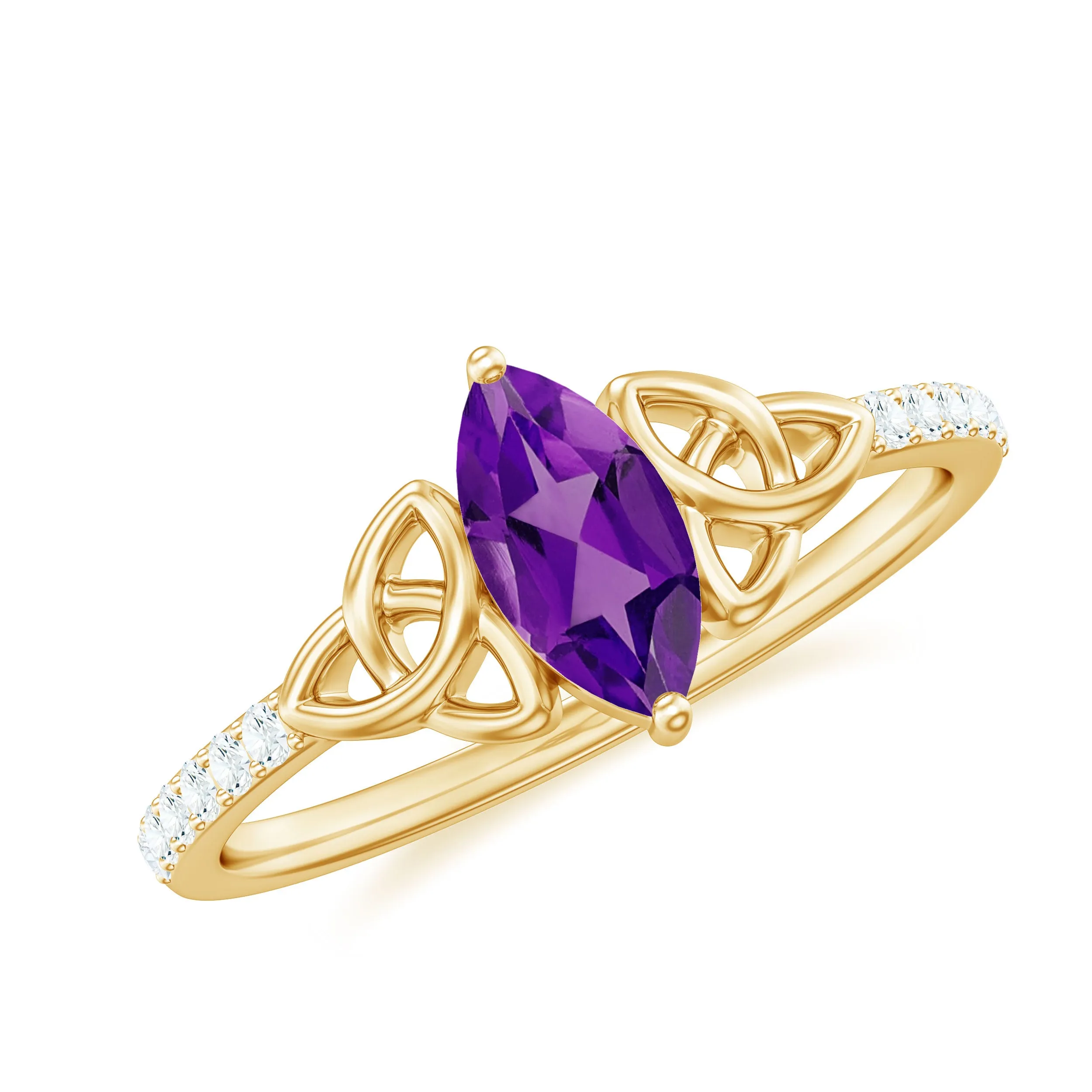 Marquise Cut Amethyst Solitaire Celtic Knot Ring with Diamond Side Stones