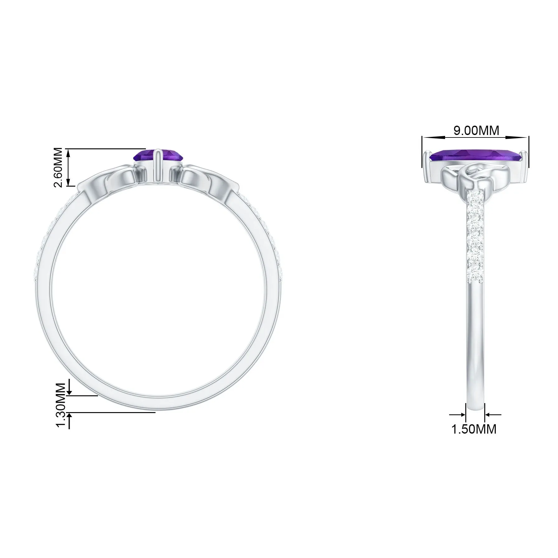 Marquise Cut Amethyst Solitaire Celtic Knot Ring with Diamond Side Stones