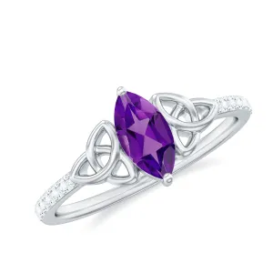 Marquise Cut Amethyst Solitaire Celtic Knot Ring with Diamond Side Stones