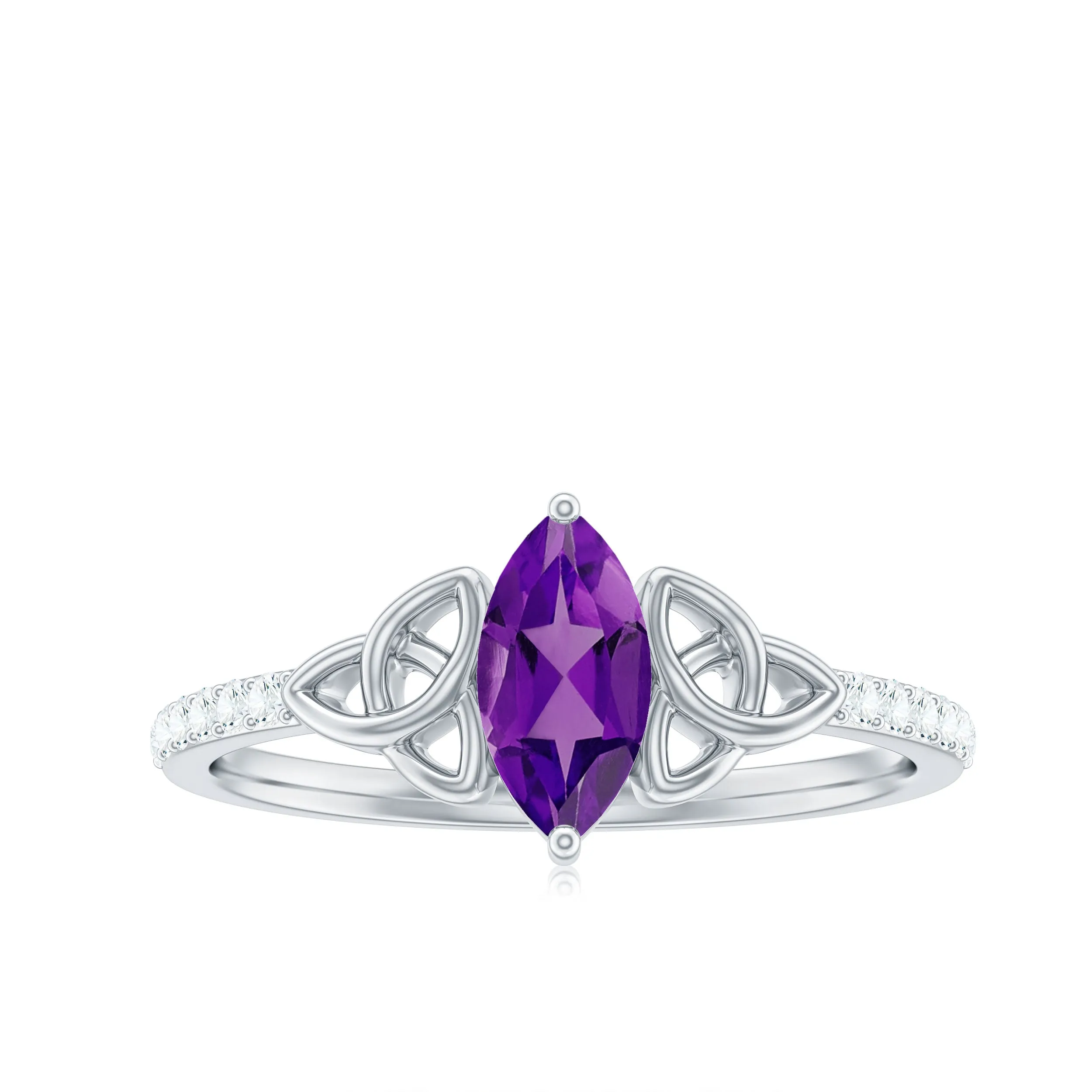 Marquise Cut Amethyst Solitaire Celtic Knot Ring with Diamond Side Stones