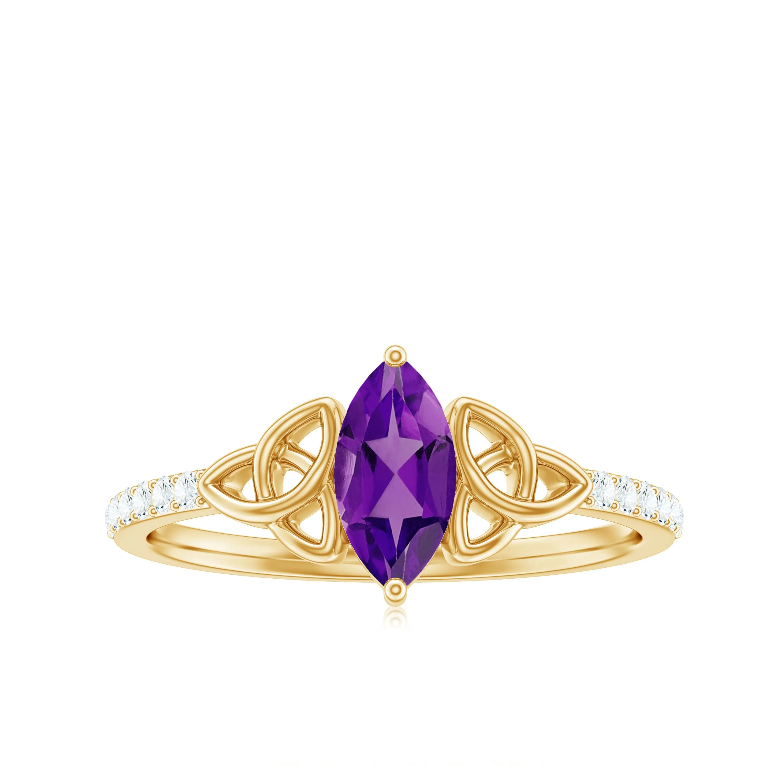Marquise Cut Amethyst Solitaire Celtic Knot Ring with Diamond Side Stones