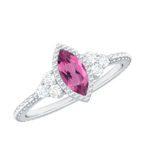 Marquise Shape Pink Tourmaline Solitaire Promise Ring with Diamond