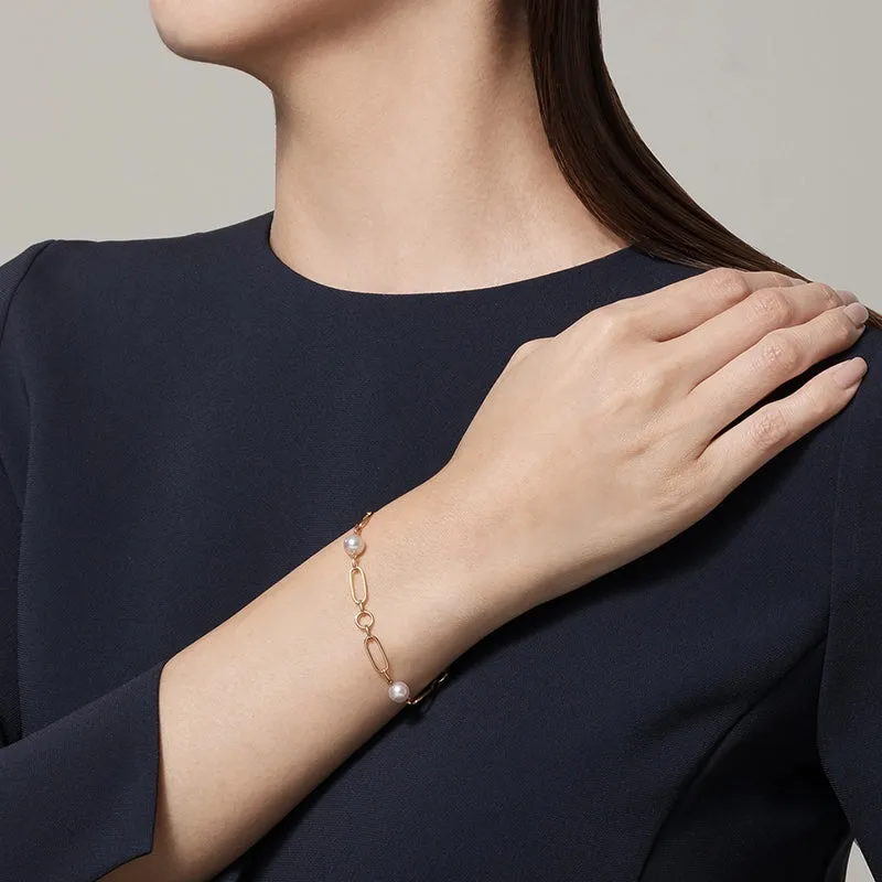 Mikimoto 18K Yellow Gold Chain Link Akoya Pearl Bracelet