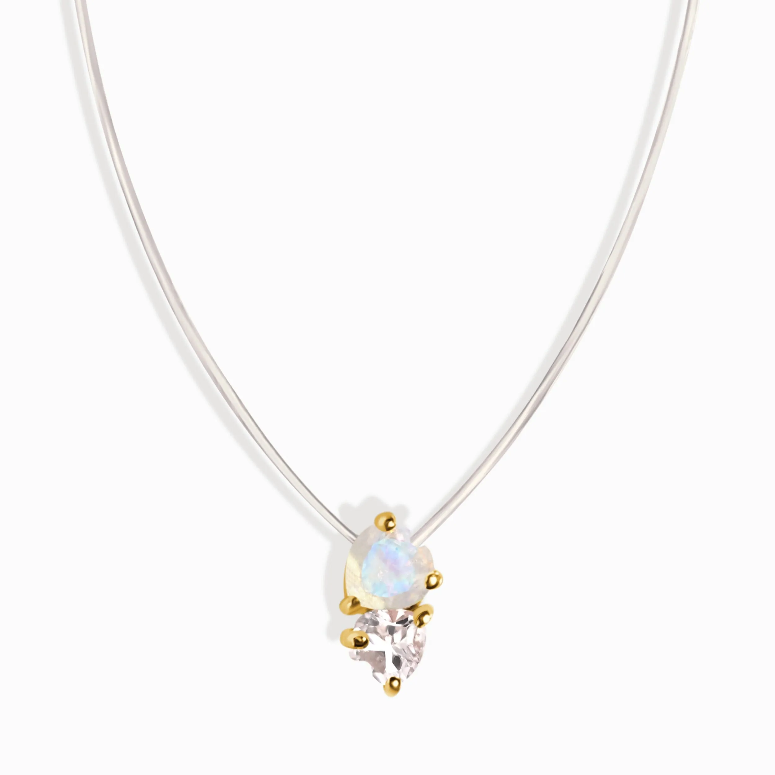 Moonstone & White Zircon Necklace - Floating Hearts