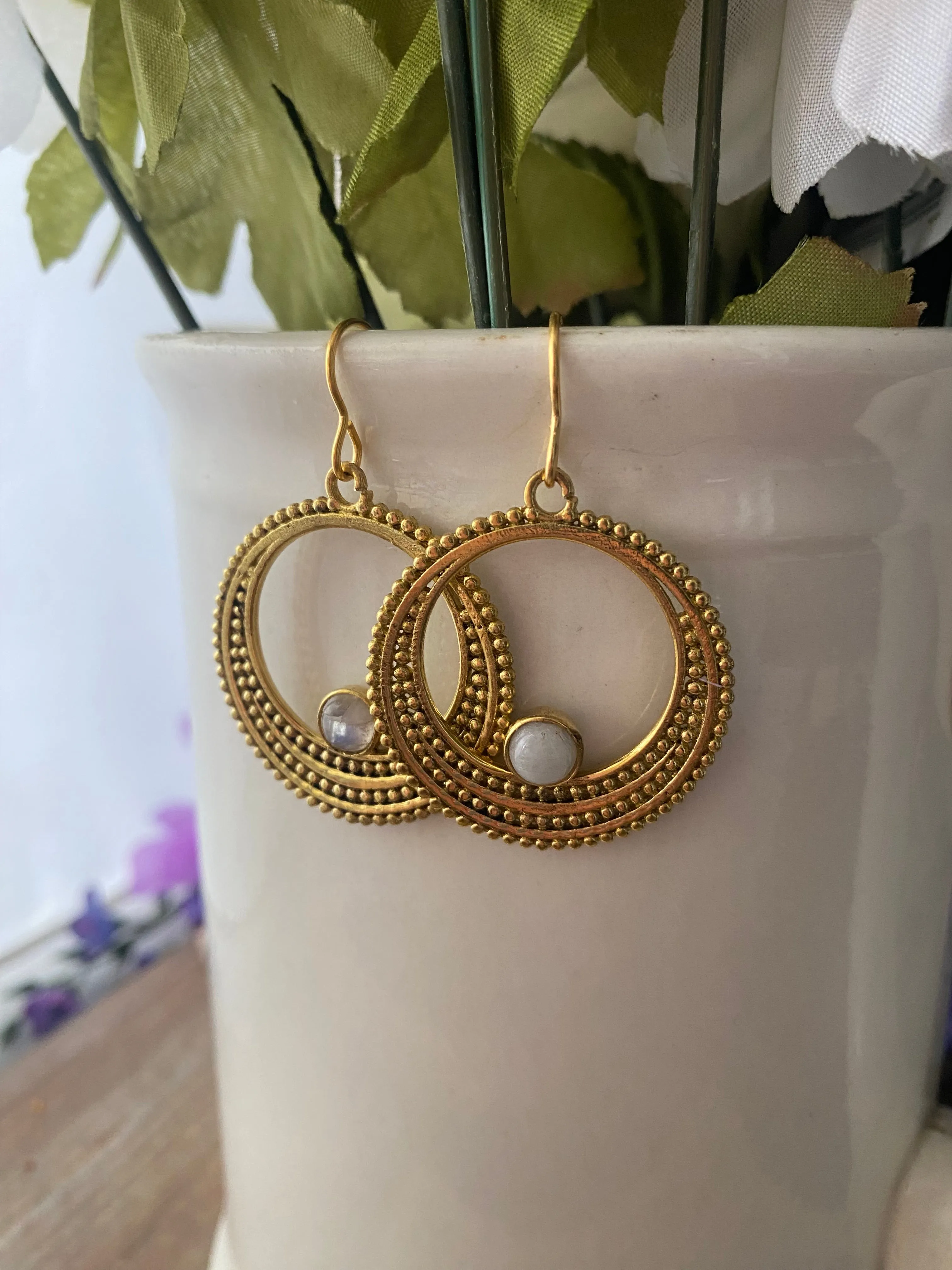 Moonstone, gold metal hoops, earrings, jewelry.