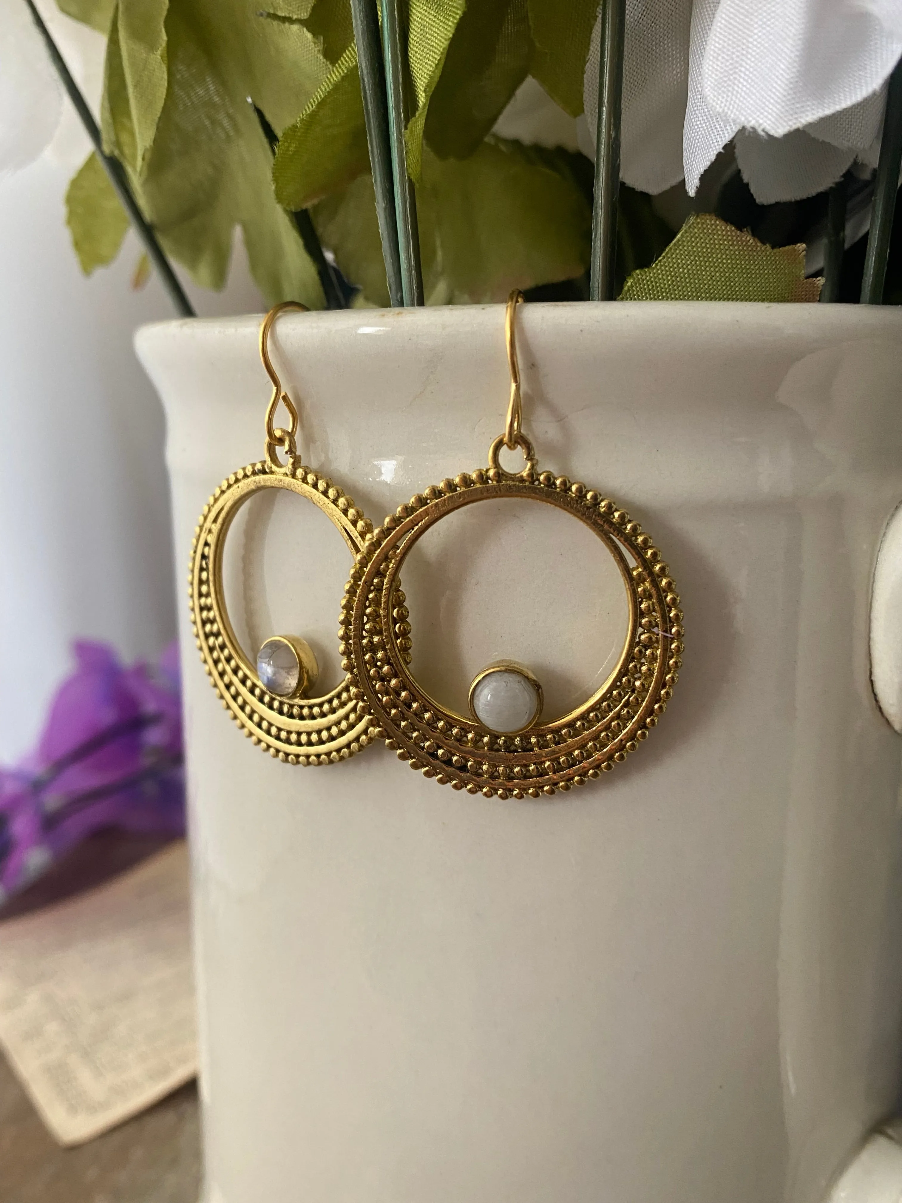Moonstone, gold metal hoops, earrings, jewelry.
