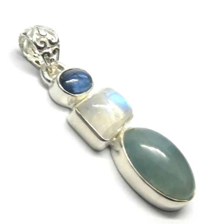 Moonstone Pendant with Blue Kyanite and Aquamarine, 925 Sterling Silver