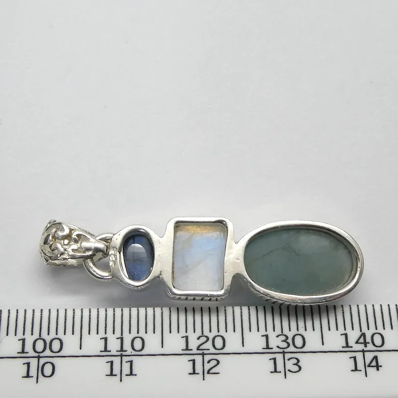 Moonstone Pendant with Blue Kyanite and Aquamarine, 925 Sterling Silver