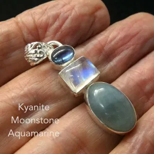 Moonstone Pendant with Blue Kyanite and Aquamarine, 925 Sterling Silver