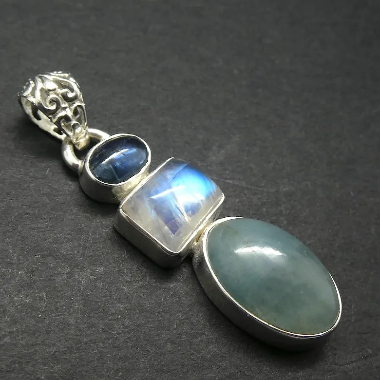 Moonstone Pendant with Blue Kyanite and Aquamarine, 925 Sterling Silver