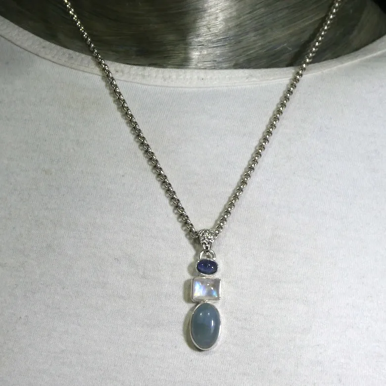 Moonstone Pendant with Blue Kyanite and Aquamarine, 925 Sterling Silver