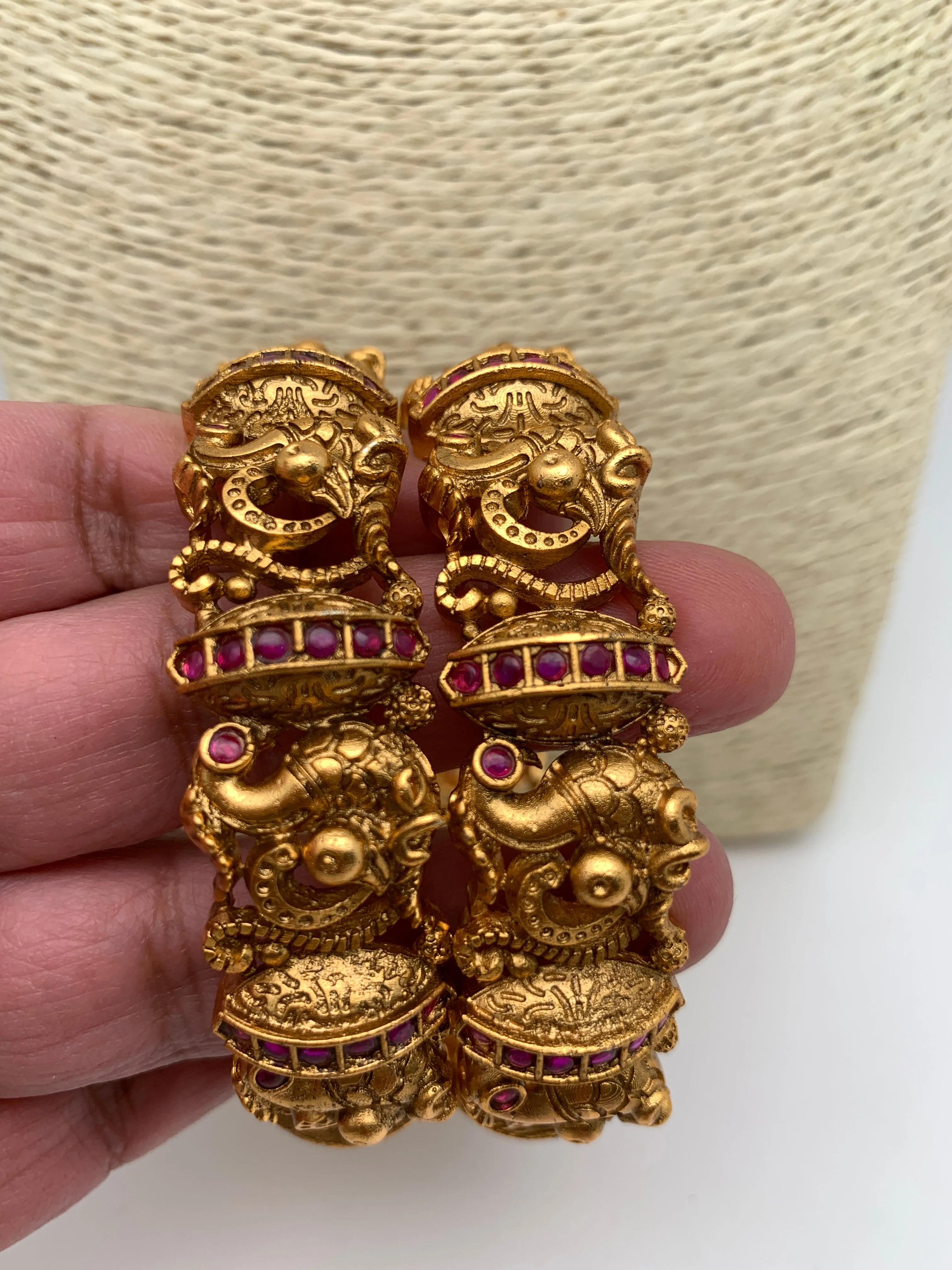 Nakshi Peacock Red Stone Premium Matte Finish Openable Bangles