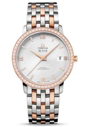 Omega De Ville Prestige Co-Axial Watch - 36.8 mm Steel And Red Gold Case - Diamond-Set Red Gold Bezel - Silver Diamond Dial - Two-Tone Steel And Red Gold Bracelet - 424.25.37.20.52.001